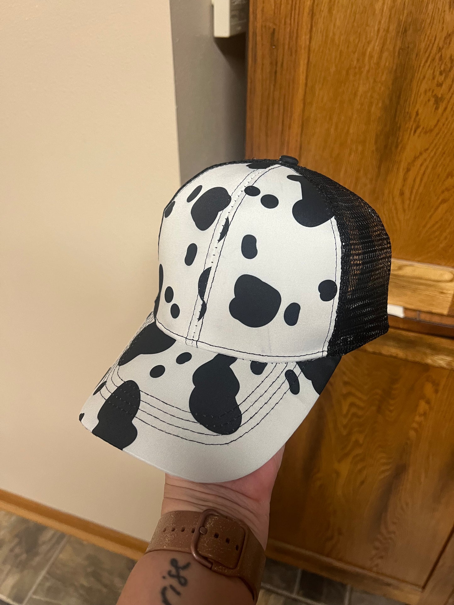 Cow print ponytail hat