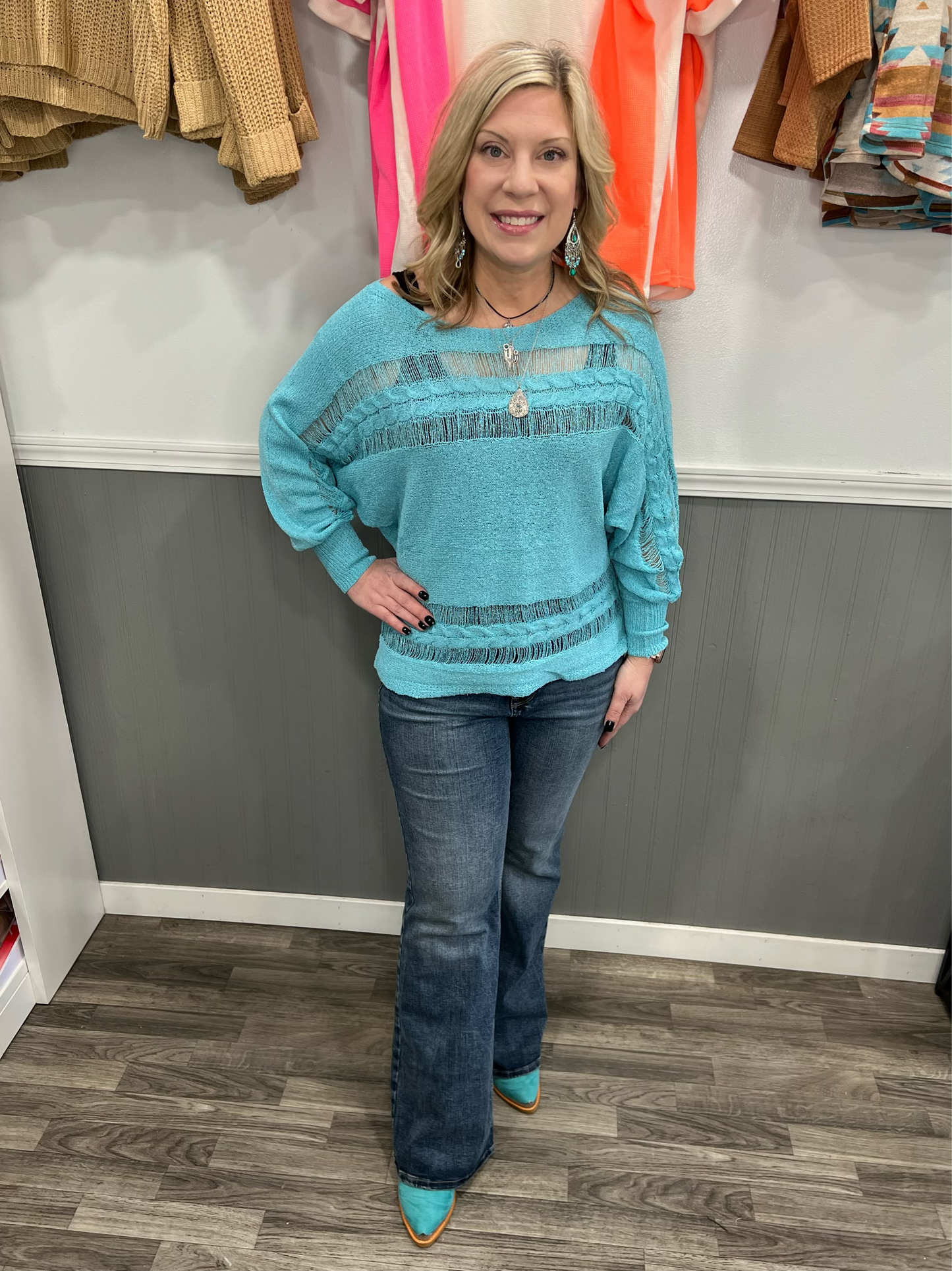 Loose fit low gauge sweater top turquoise