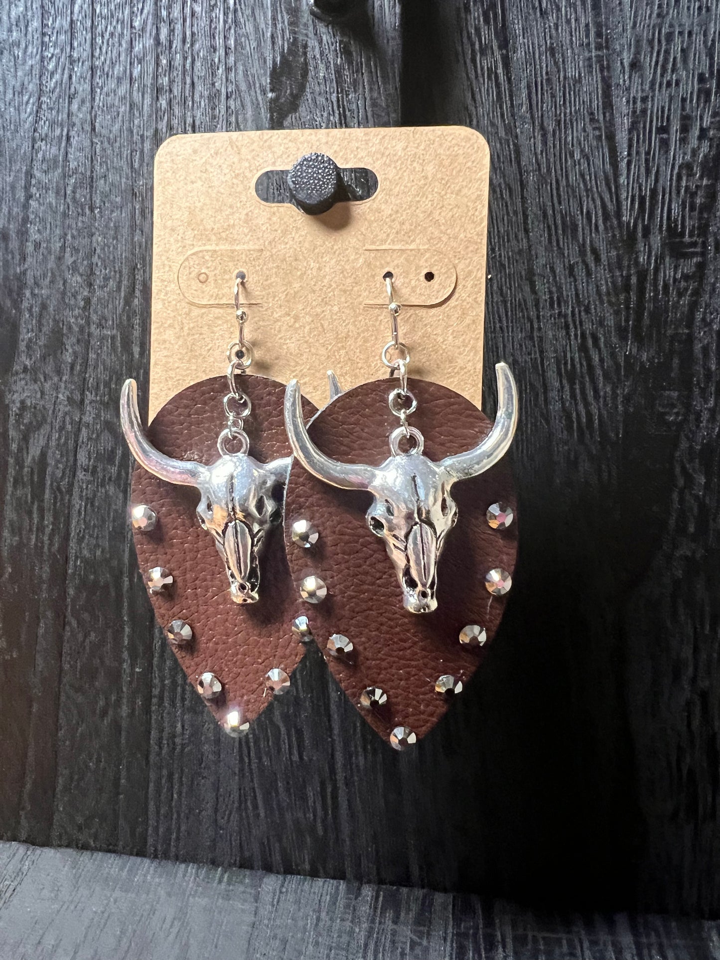 Longhorn leather bling earrings