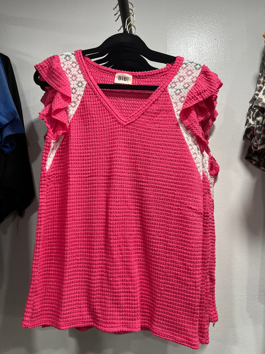Fuschia popcorn waffle knit too with lace detail sleeve