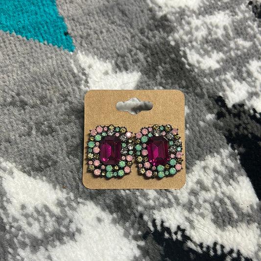 Hot pink/turquoise rhinestone earrings