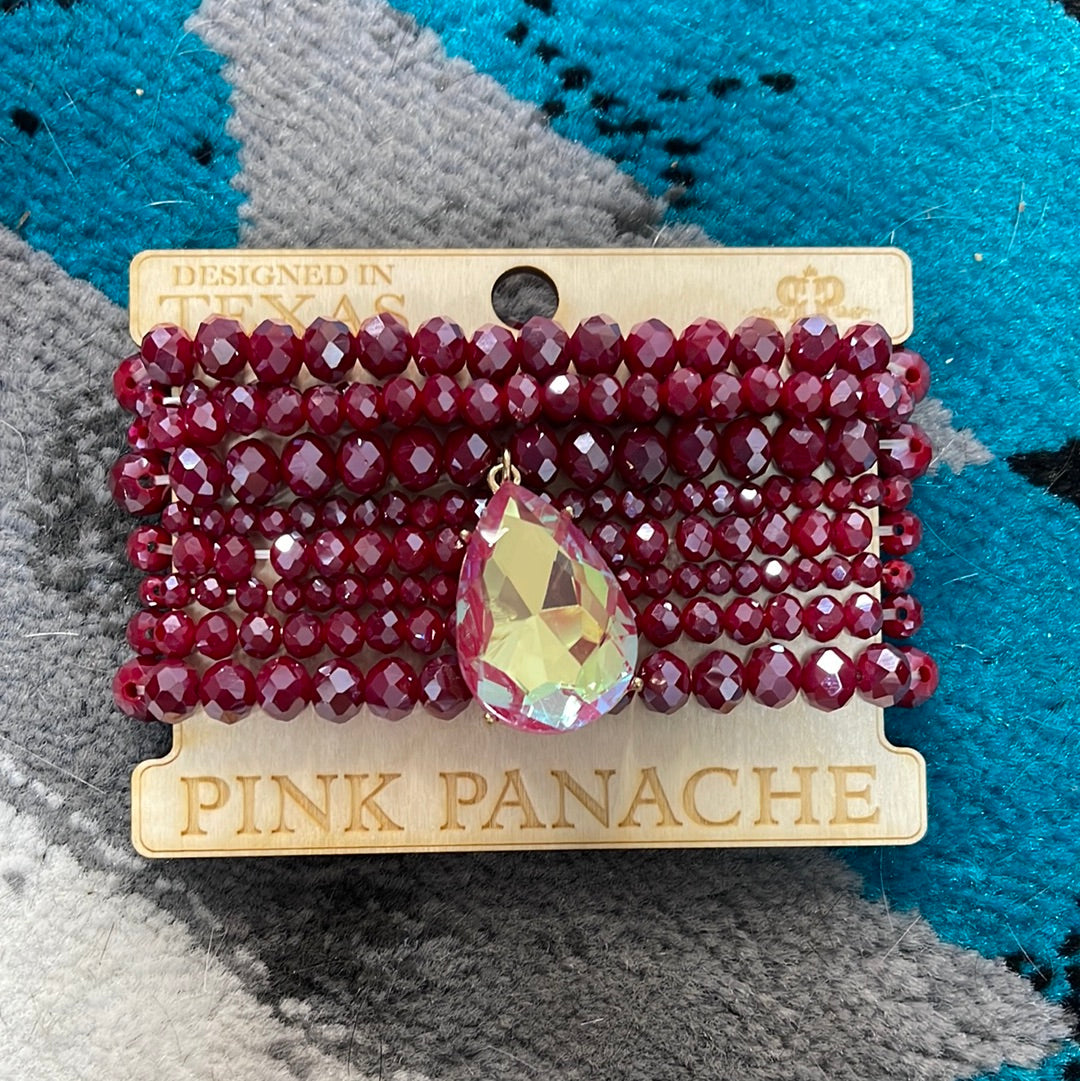 9 strand burgundy bracelet with large ab teardrop charm