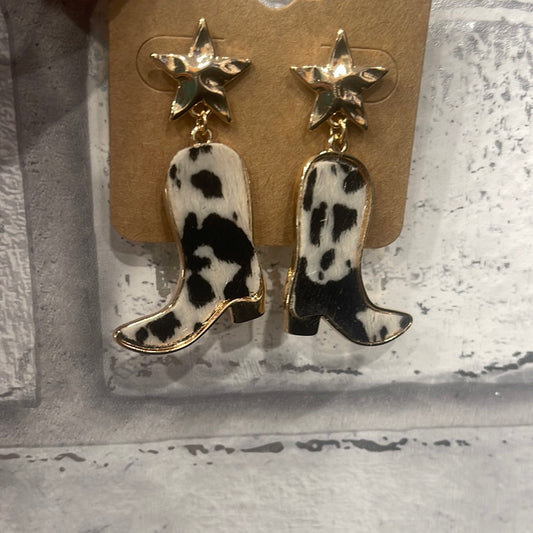 Gold fur cow boot earrings