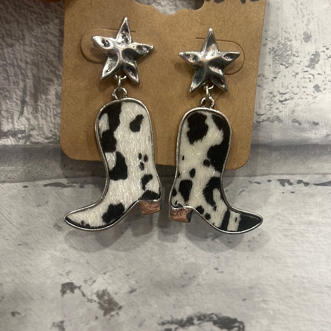 Silver fur cow boot earrings