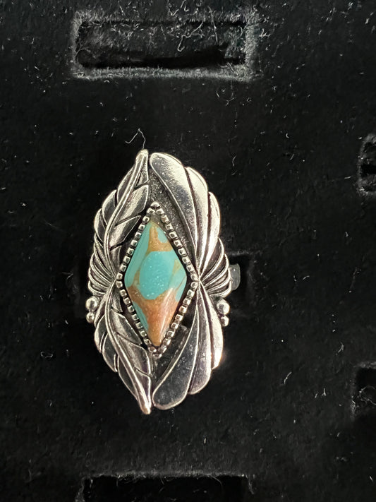 Turquoise brown feather ring