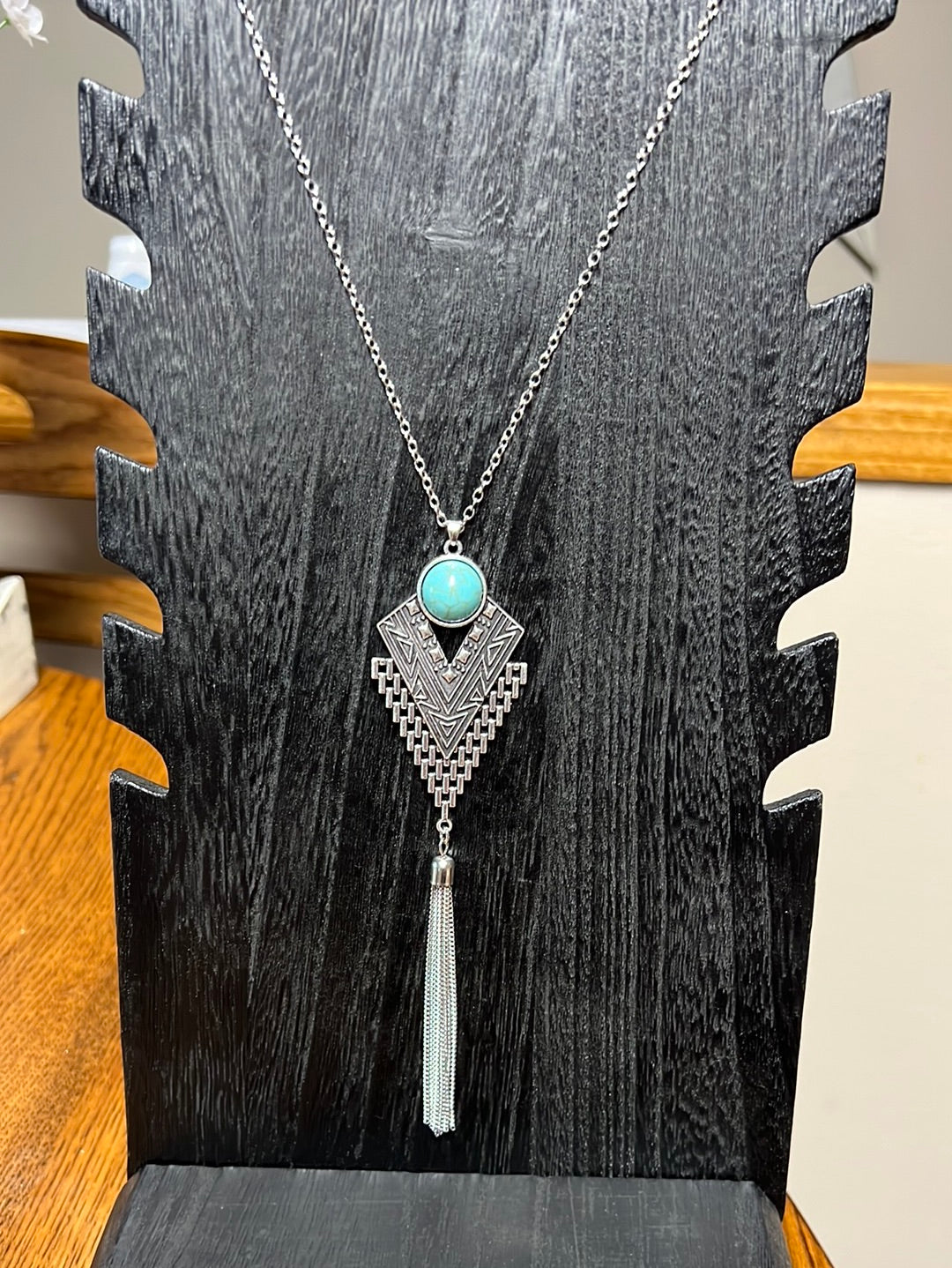 Turquoise and silver arrow with tassel necklace