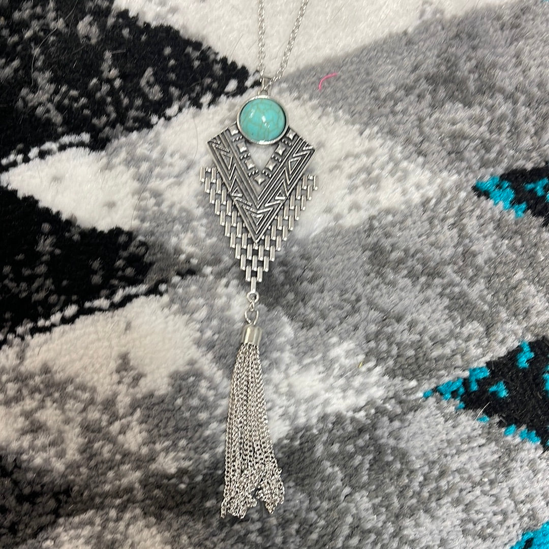 Turquoise and silver arrow with tassel necklace