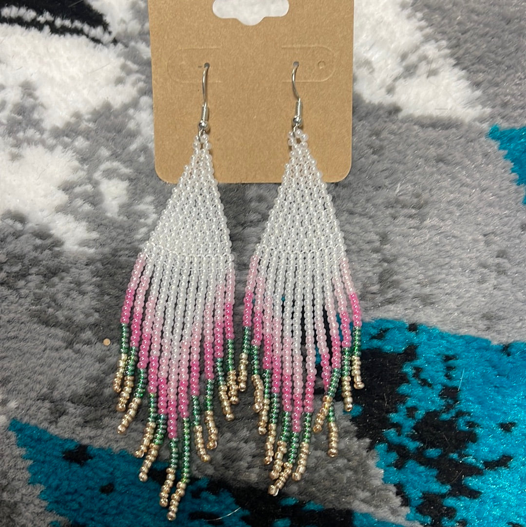 White, pink, green and gold boho beaded earrings