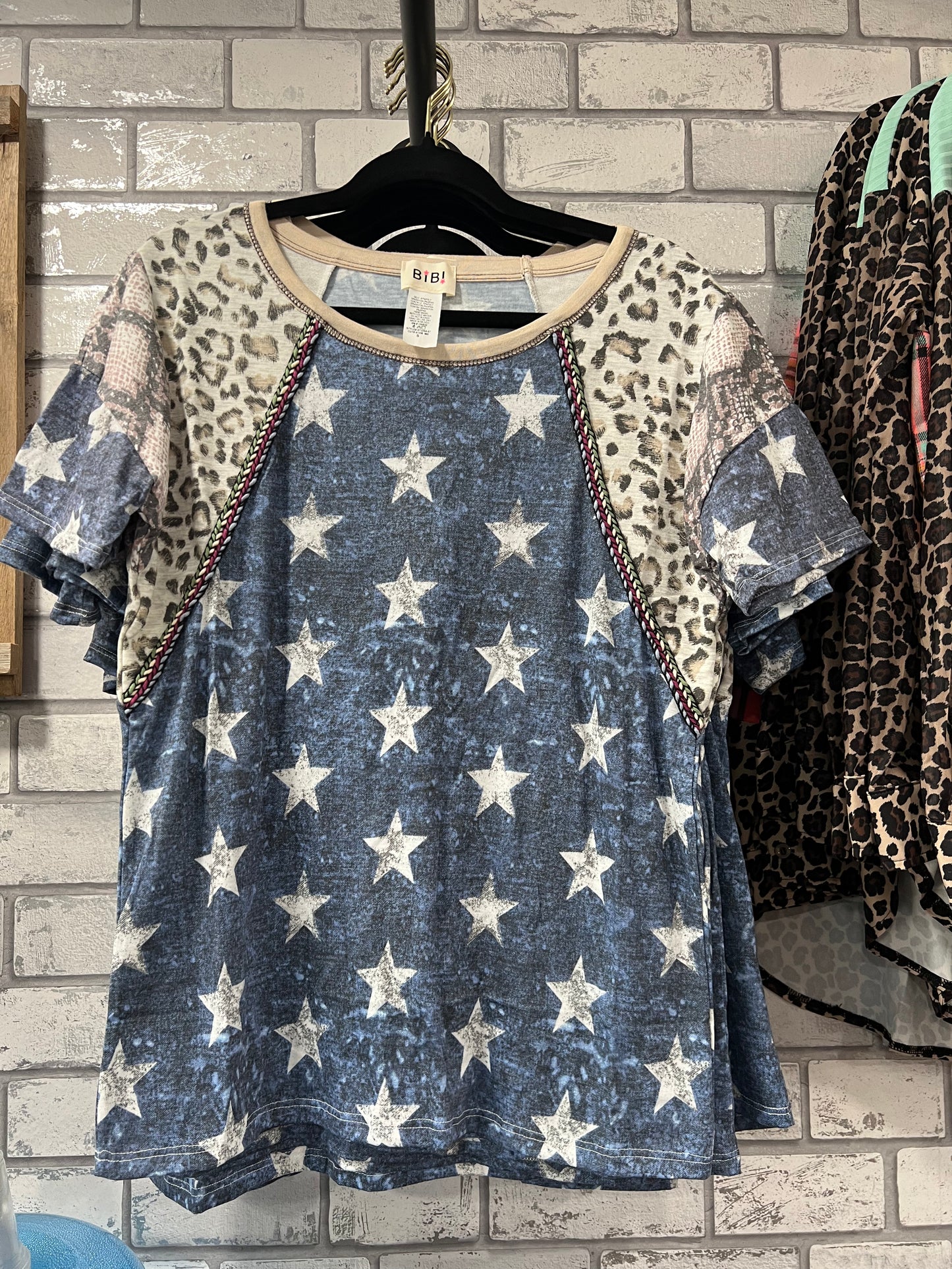 Star print top with leopard snakeskin print & embroidered detail